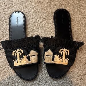 Tory Burch Black and Cream Embroidered Slides